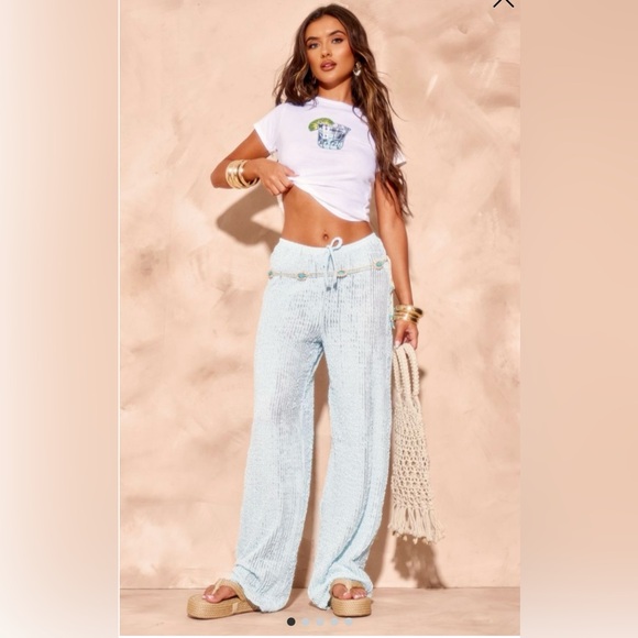 PrettyLittleThing Pants - PrettyLittleThing | Baby Blue Textured Jersey Drawstring Wide Leg Trousers NWT